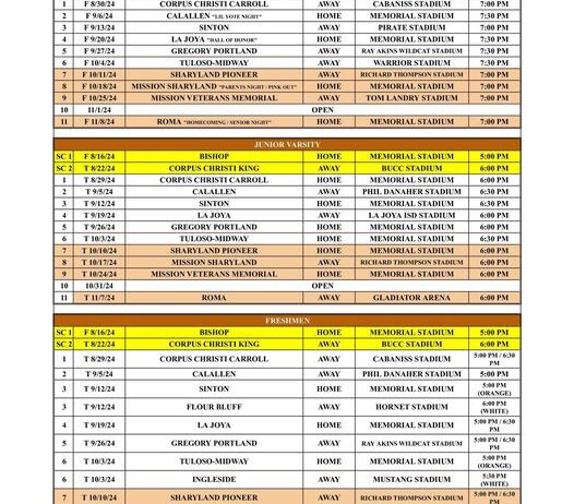 2024 Alice Coyote Football Schedules